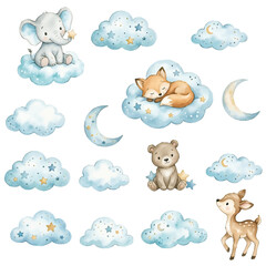 Fototapeta premium Funny cartoon animals seamless pattern with cute baby farm and wild animals icons
