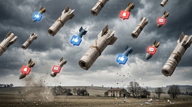 Newspaper missiles and social media icons falling from stormy sky symbolizing misinformation propaganda media warfare manipulation and digital communication crisis