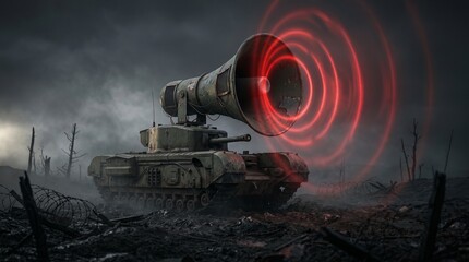 Obraz premium Tank with giant loudspeaker broadcasting red sound waves across battlefield symbolizing propaganda warfare psychological manipulation fear and military control