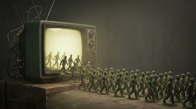 Vintage television releasing toy soldiers symbolizing propaganda manipulation military influence media control censorship and psychological warfare concept
