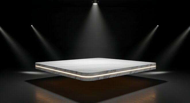 A modern, illuminated square stage platform with spotlights in a dark, empty room for product display.