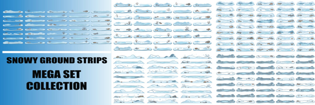 Snowy ground strips mega set collection, winter landscape border vector elements, white snow drifts and ice surface dividers for seasonal design