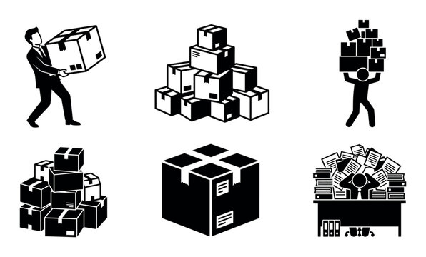 Collection of various boxes packages delivery and workload icons illustrating concepts of shipping, storage, and business management.
