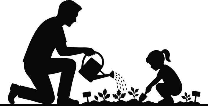 Adult and child gardening together with watering can