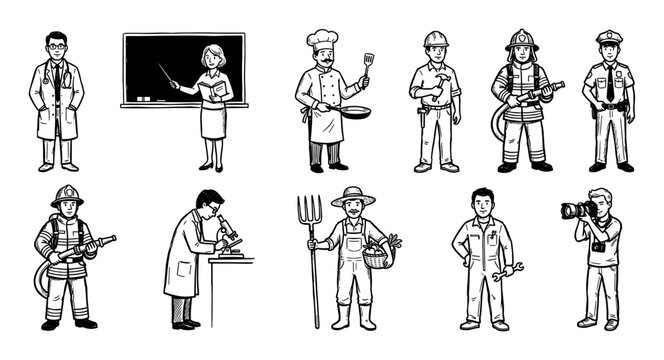 Various people representing different professions and occupations are depicted in a hand-drawn, black and white cartoon style, showcasing a diverse range of careers.