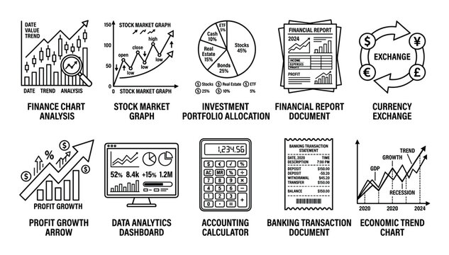 Financial and economic icons set for business analysis, investment planning, and market trend tracking, presented as a comprehensive collection of outline symbols.