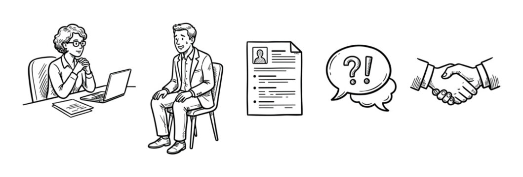 Job interview process elements illustration showcasing the journey of a job seeker from submitting a resume to a final handshake agreement.