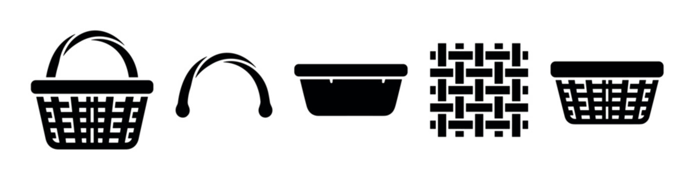 Various basket and weaving related icons in black silhouettes representing storage, shopping, and decorative elements for graphic design.