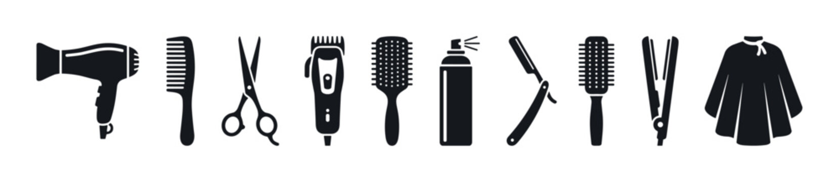 Hairdressing and barber tools collection features various styling equipment and accessories, perfect for professional salons and personal grooming.