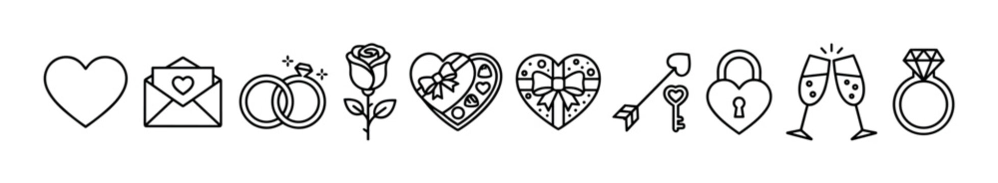 Love and romance themed line art icons representing affection, celebration, and commitment for various romantic occasions and relationships.