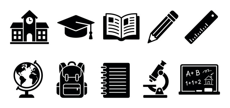Education icons set featuring various school supplies and learning symbols representing academic studies, knowledge, and student life.