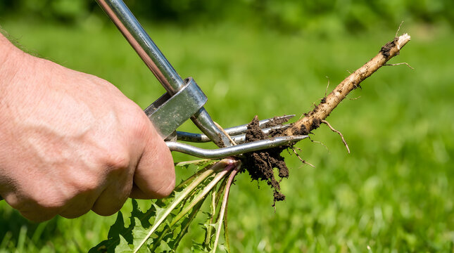removing dandelions from lawn with tool | how to pull weed roots by hand | garden maintenance and lawn care weeding | manual weed puller removing dandelion taproot | gardening tools for organic weed 