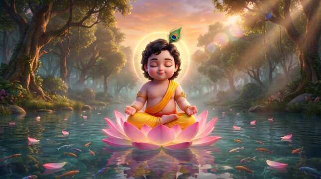 Baby krishna meditating on a lotus flower in a serene pond with sunlight and lush greenery