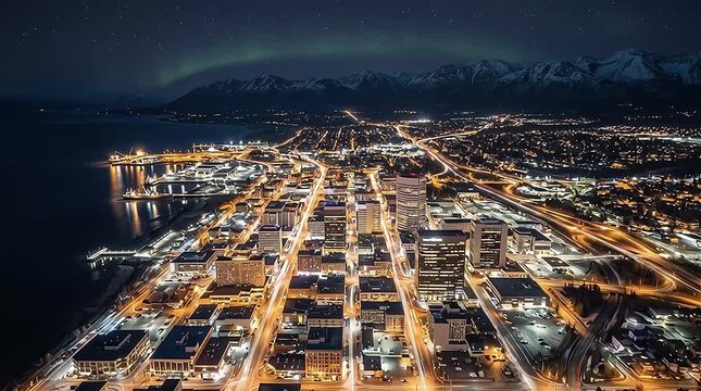 Aerial view of city scape at night in Anchorage, Alaska, USA
