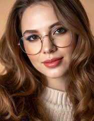 Obraz premium Beautiful young woman with round glasses and glossy lips smiles gently