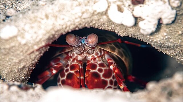 Close up of a Tiger mantis shrimp (Lysiosquilla maculata) in the hole where they lives in ocean, Indonesia.
