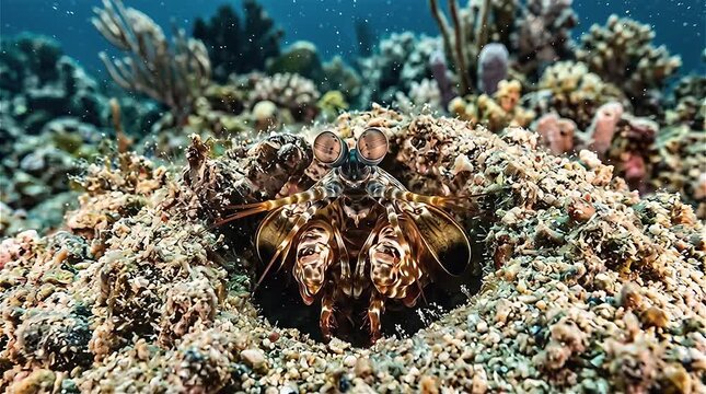 Close up of a Tiger mantis shrimp (Lysiosquilla maculata) in the hole where they lives in ocean, Indonesia.

