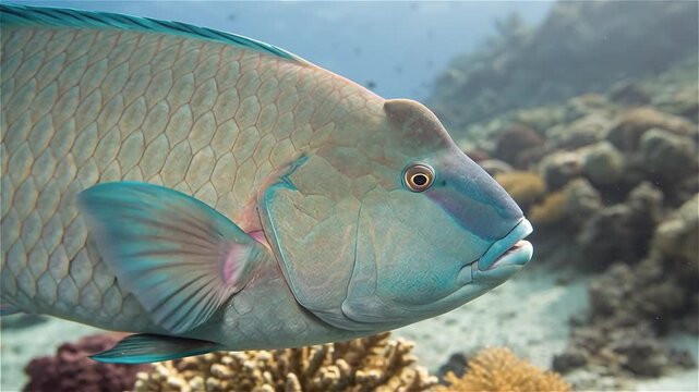 Close up of bumphead parrotfish (Bolbometopon muricatum). Marine life in Pacific Ocean, the remote archipelago of Palau.
