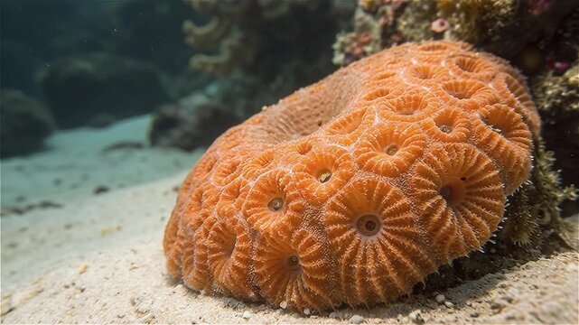 Close up of an orange doughnut coral dissolving its enemy with digestive enzymes
