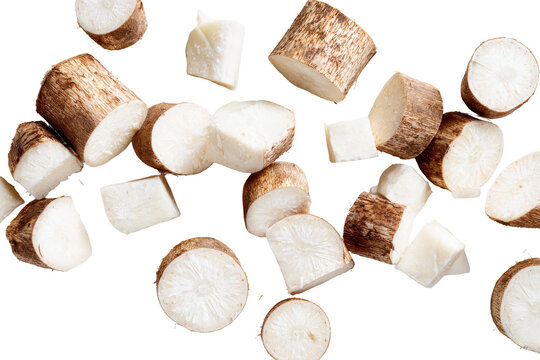 Fresh cassava manioc tapioca roots isolated on transparent background. Assorted cassava manioc tapioca roots isolated on white background.