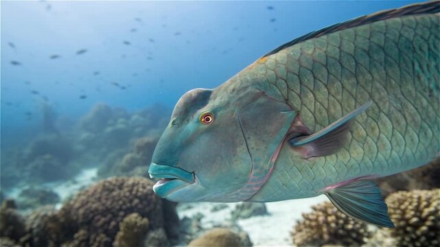 Close up of bumphead parrotfish (Bolbometopon muricatum). Marine life in Pacific Ocean, the remote archipelago of Palau.
