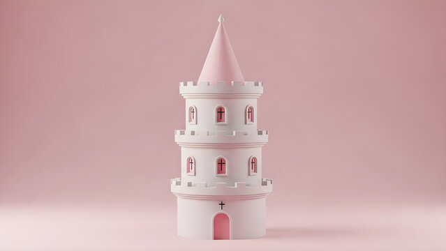 A pink castle stands alone in a serene landscape with a tower.