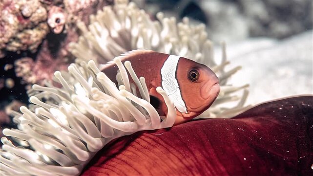 Clown fish or anemone fish hiding in bright fluorescent sea anemone (actinia). Nemo fish in colorful underwater environment.
