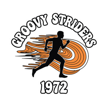 Groovy striders running logo with year 1972 running shoe striders silhouette athletic inscription movement competition illustration energetic