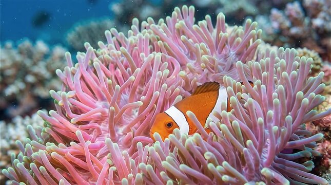 Clown fish or anemone fish hiding in bright fluorescent sea anemone (actinia). Nemo fish in colorful underwater environment.
