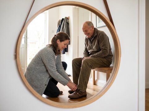An adult daughter helps her older father adjust a comfortable walking shoe in a hallway mirror view before a short walk at home.