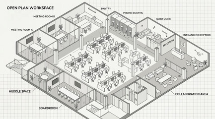 Isometric view of an open plan office workspace with meeting rooms and amenities © S.Siam