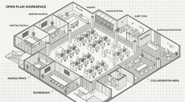 Isometric view of an open plan office workspace with meeting rooms and amenities