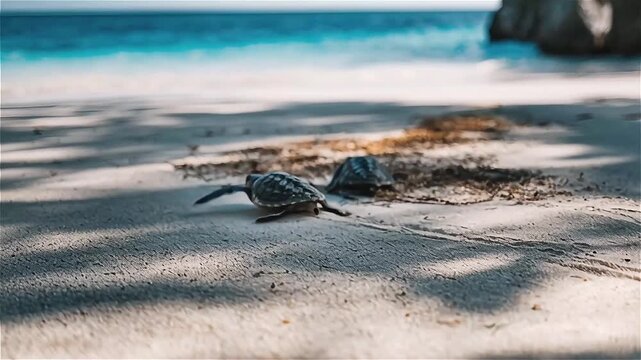 Baby Sea turtles hatchling crawling on the white sand beach toward the sea, Raine Island, Great Barrier Reef, Australia.
