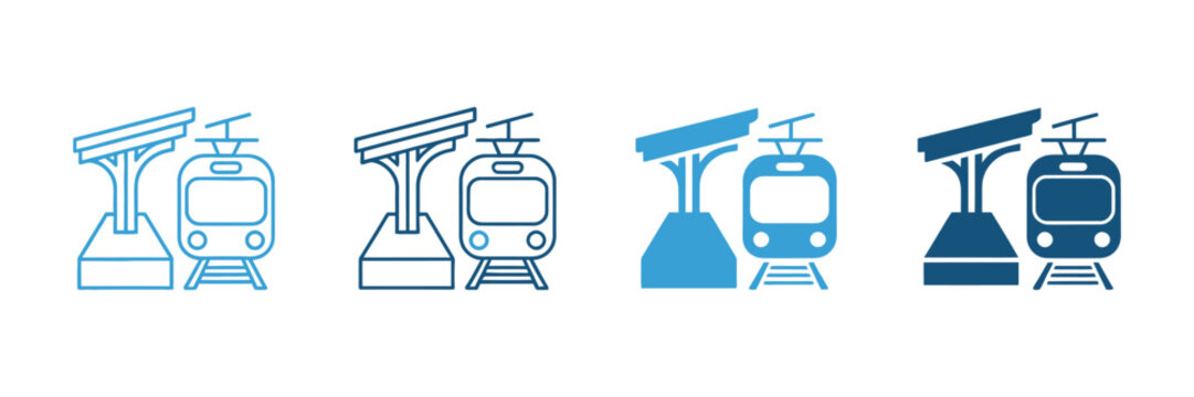 Railway outline icon set featuring high-speed train designs and train depot symbols for transport illustration.