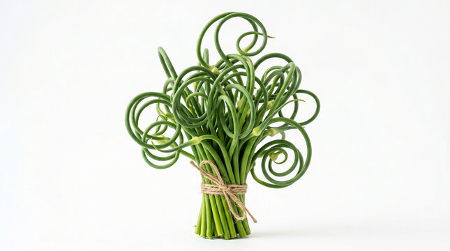 Fresh garlic scapes arranged in a bunch for garlic festival concept  
