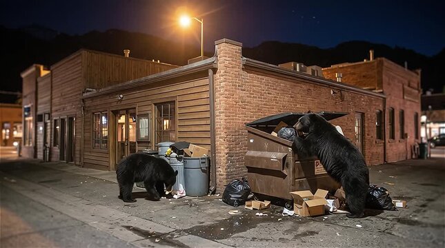 Black bears (Ursus americanus) finding foods in the city at night for increasing their body weight before they hibernate to make it through winter, Aspen, Colorado, USA
