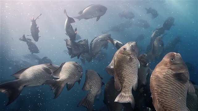 Bumphead Parrotfish (Bolbometopon muricatum) Spawning, rush upwards in group with gamete release in Pacific Ocean, the remote archipelago of Palau
