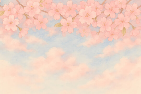 Lush watercolor cherry blossoms covering the top with a dreamy pink cloud and sky background. generated by AI.
