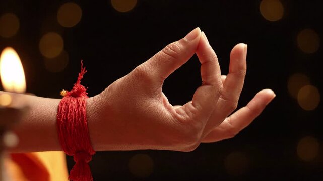 Close-up of a hand performing a mudra gesture with a red thread tied around the wrist, soft bokeh lights in the background, suggesting meditation and spirituality