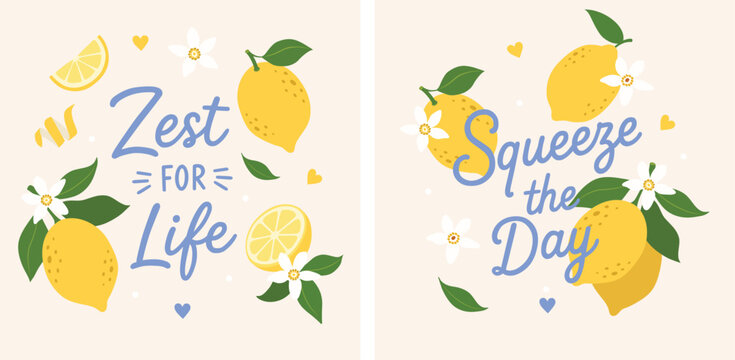 Whimsical lemon illustration with floral accents and &ldquo;Zest for life&rdquo; lettering in pastel blue. Cute citrus artwork for prints, kitchen decor, summer branding, stickers, cards, and apparel. Playful lem