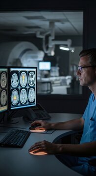 Radiologist Reviewing Brain Scan Images on Monitors in Medical Workstation