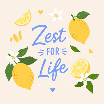 Whimsical lemon illustration with floral accents and &ldquo;Zest for life&rdquo; lettering in pastel blue. Cute citrus artwork for prints, kitchen decor, summer branding, stickers, cards, and apparel. Playful lem
