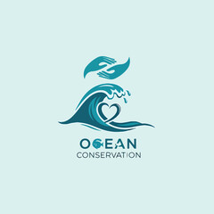 Obraz premium Ocean conservation logo with hand, wave, and heart