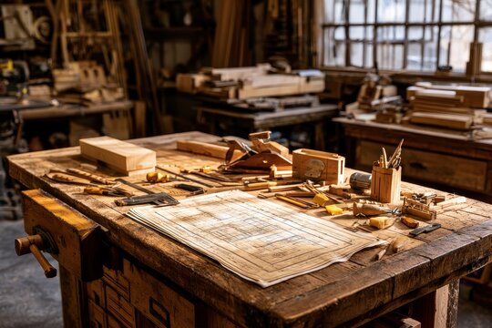 Woodworking workbench holding technical blueprints and hand tools in a sunlit rustic workshop with sharp focus for construction branding