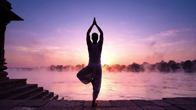 Man performing vrksasana yoga pose by calm river at sunrise, spiritual practice and wellness concept, sunrise colors and mist