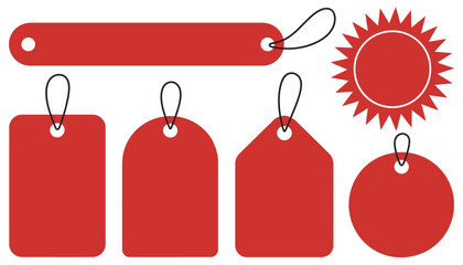 Realistic red sale label and discount price tag mockup set with hanging rope promotional retail stickers. © ARIF AHMED 02