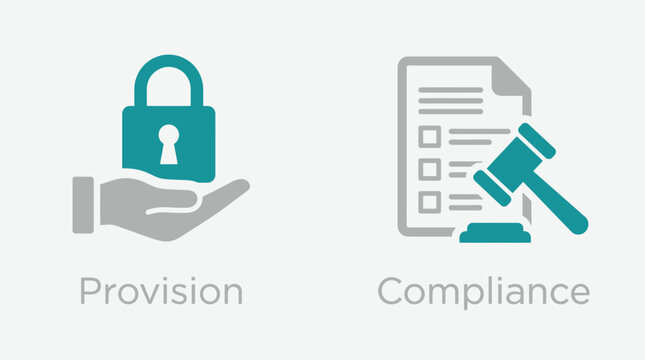 Vector graphic illustration of Law compliance and provision icons with lock and gavel Vector
