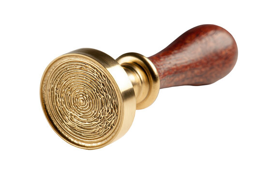 Antique brass seal stamp with intricate design and wooden handle isolated on transparent background. Golden wax seal stamp with intricate spiral pattern isolated on white background.