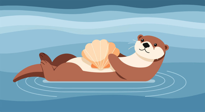 Otter floating on water with shell