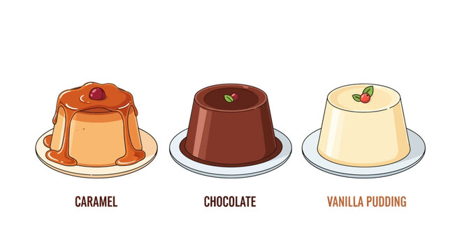 A delightful trio of classic dessert puddings featuring rich caramel, decadent chocolate, and creamy vanilla flavors, presented as a sweet treat